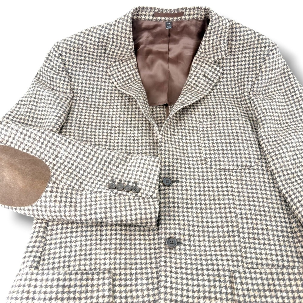 J. Peterman Moon British Cloth Wool Houndstooth Blazer Leather Elbow Patches 42
